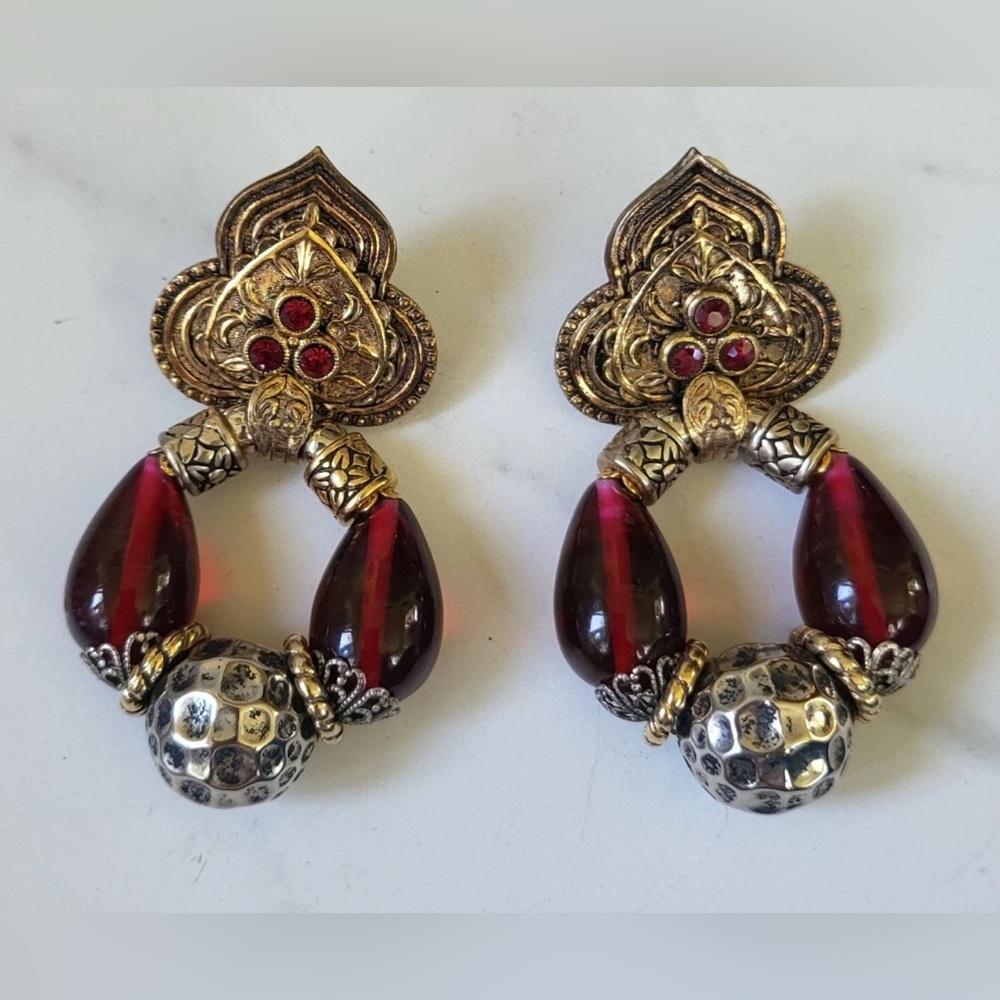 Vintage French pigeon blood Red and Gold Dangle Earrings.